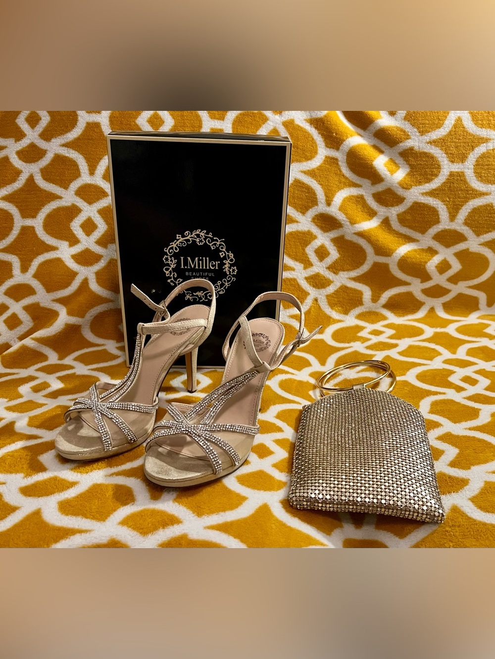 I. Miller Gold Women’s 7.5 M Strappy Open Toe Ankle Strap Rhinestone Heels